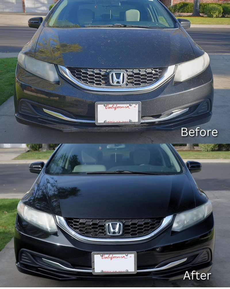 Before and after of a black Honda Civic, head-on — dusty, water-spotted paint brought to a wet-look gloss