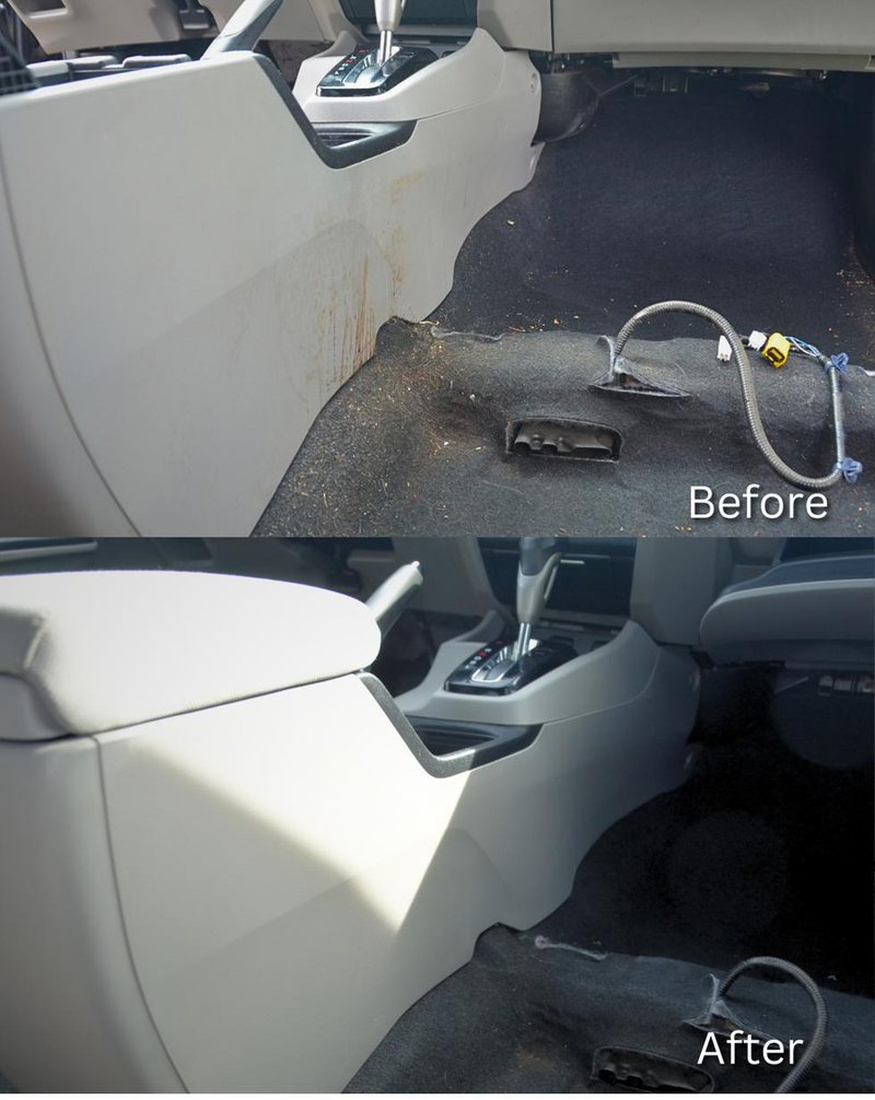 Before and after of a Honda Civic console — heavy staining removed, plastics cleaned and conditioned
