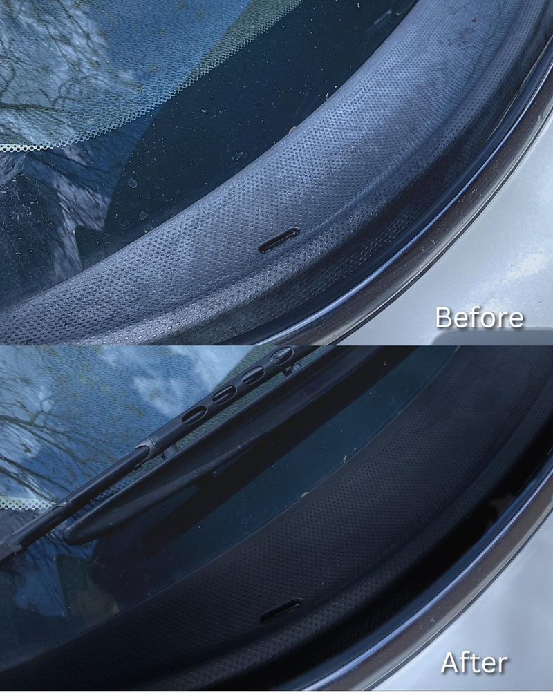 Before and after of the Mini's windshield cowl — faded gray plastic restored to deep, even black