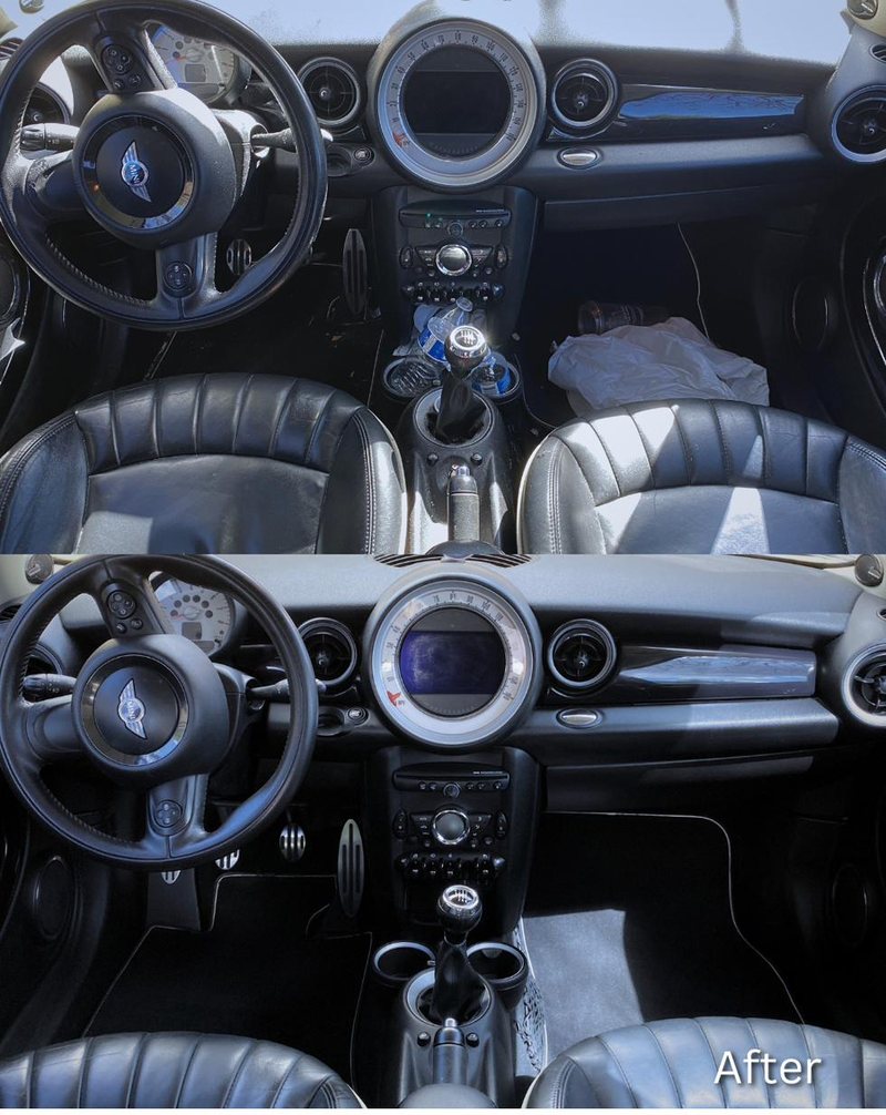 Before and after of the Mini's dash and cockpit — panels, vents, and leather cleaned and conditioned