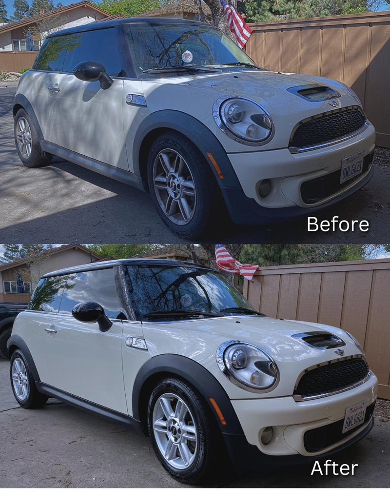 Before and after of a white Mini Cooper S exterior — dull, dusty paint restored to a deep gloss
