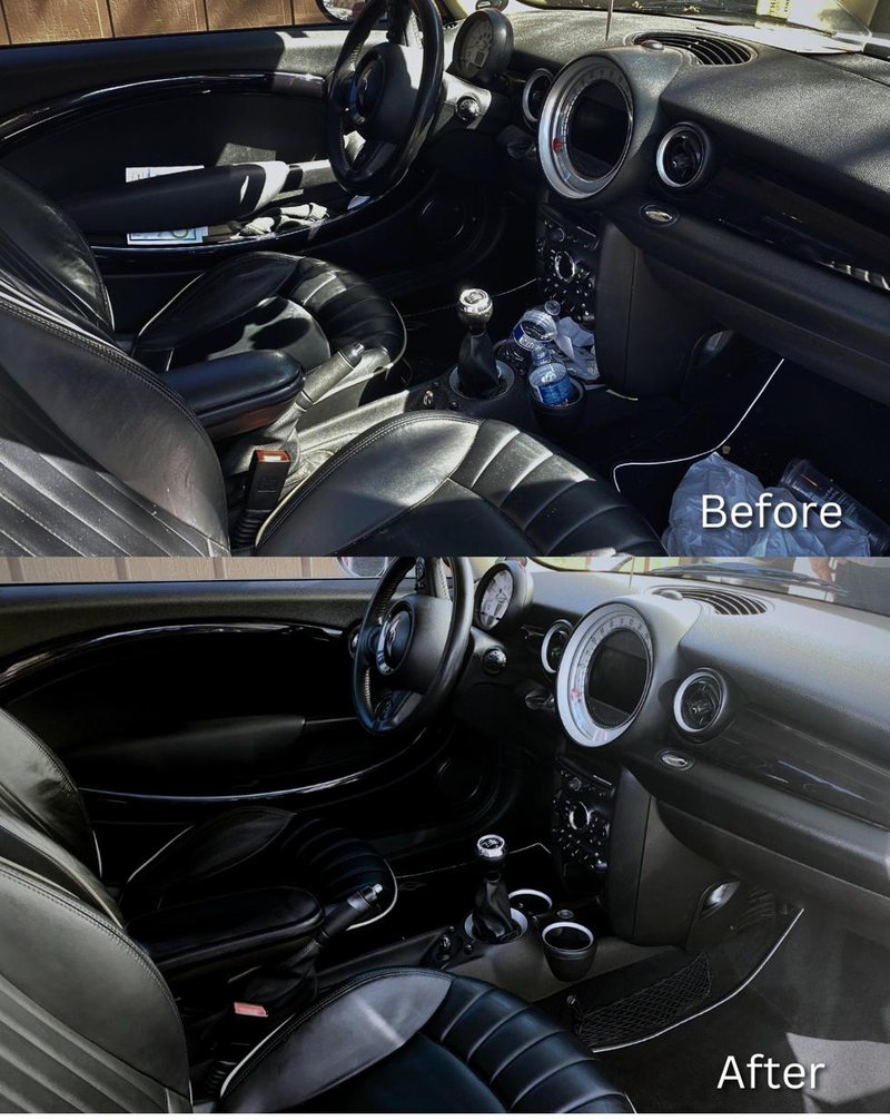 Before and after of the Mini's leather seats — grime lifted, leather cleaned and conditioned