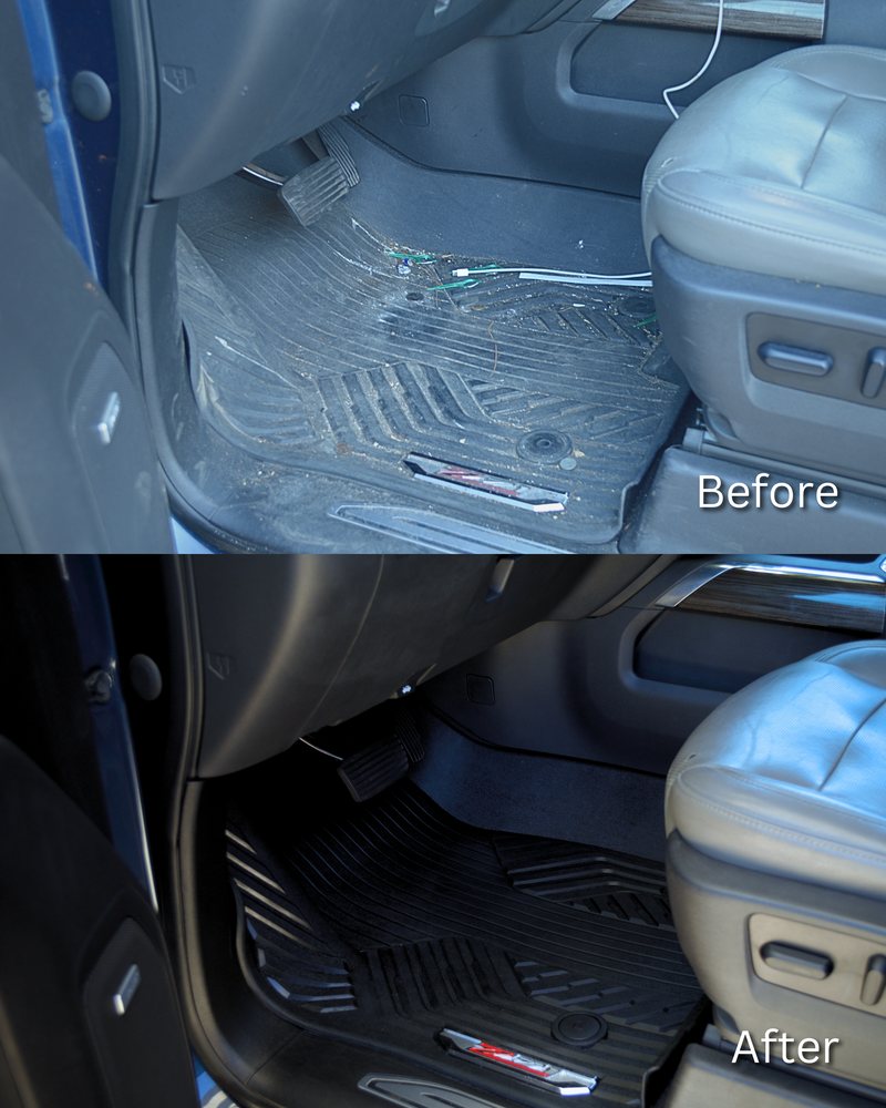 Before and after of a Chevy Silverado driver footwell — debris-covered floor liner and dusty carpet cleaned back to factory black
