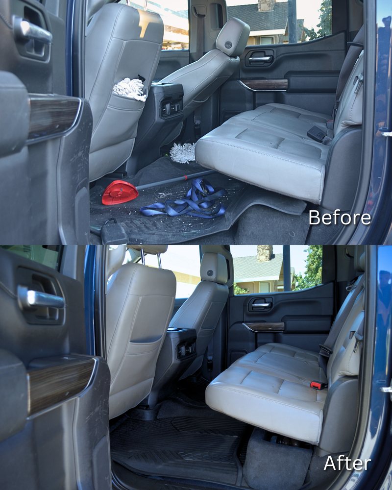 Before and after of a Chevy Silverado rear cab — cluttered, dirty back seat area cleared out, floors and leather fully detailed