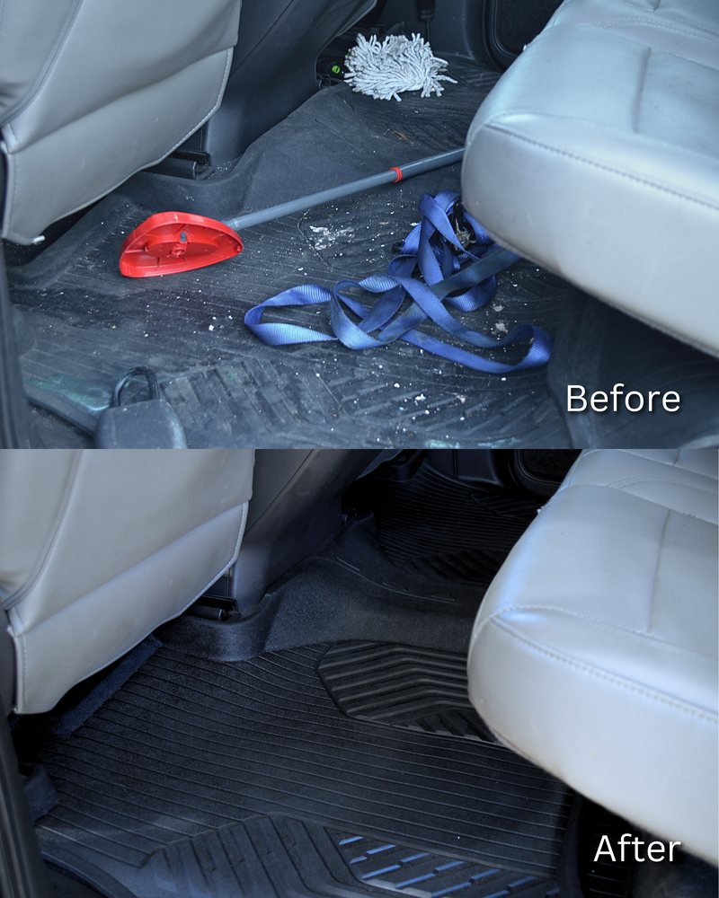 Before and after of a Chevy Silverado rear floor — plaster debris and ground-in dirt removed from the liner and carpet