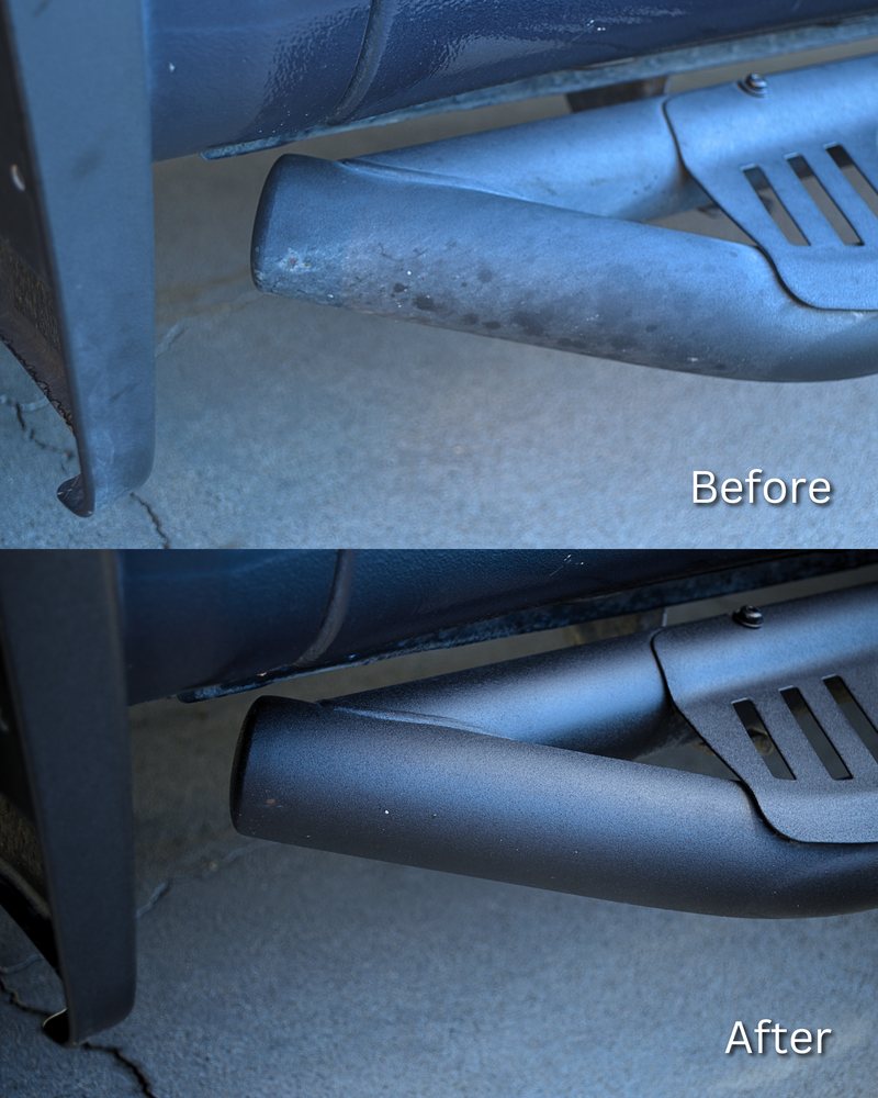 Before and after of a Chevy Silverado running board — chalky, road-filmed step bar cleaned and dressed to an even black
