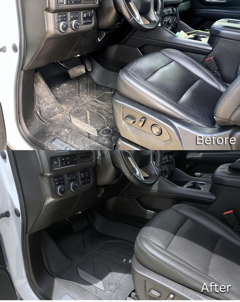 Before and after of a full-size truck's front cab — caked dirt and grime cleaned out, leather and trim restored