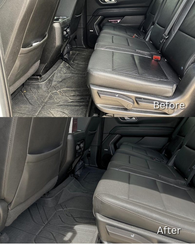 Before and after of a full-size truck's rear seats — dirt-caked floor and seats fully restored