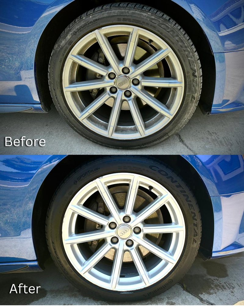 Before and after of a second Audi wheel — brake dust stripped, spokes detailed, tire dressed