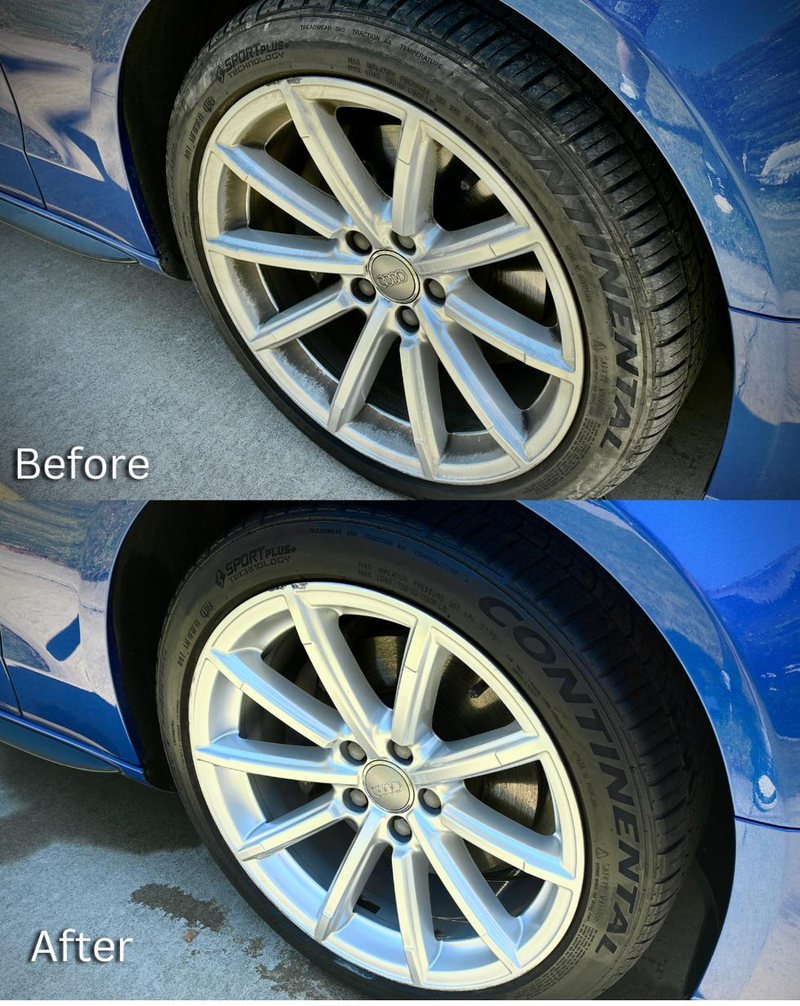 Before and after of a brake-dust-coated Audi wheel deep cleaned to bright silver, tire dressed