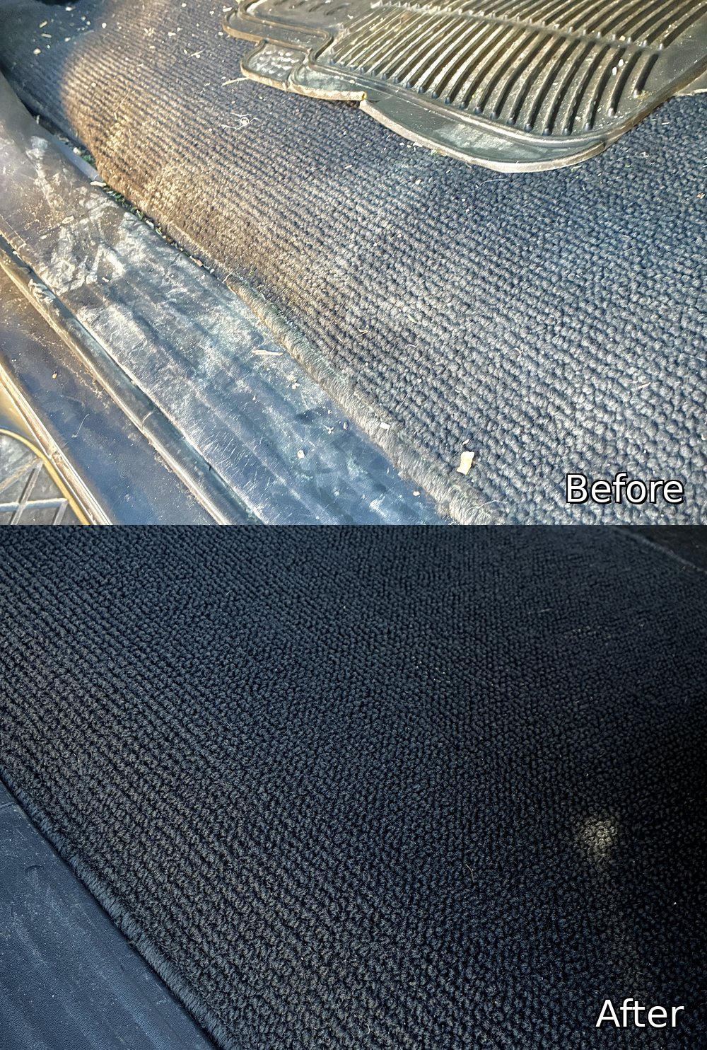 Before and after of the Titan's carpet and door sill — ground-in dirt and debris extracted