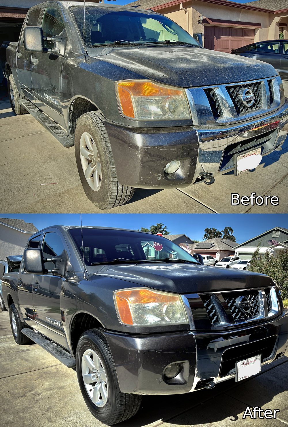 Before and after of a dark Nissan Titan crew cab detailed in Riverbank — dust-covered paint washed and brought back to a clean gloss