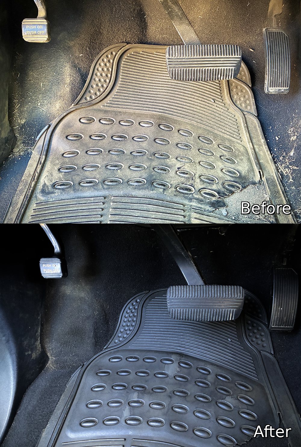 Before and after of the Titan's rubber floor mat — caked dust scrubbed out of the tread pattern