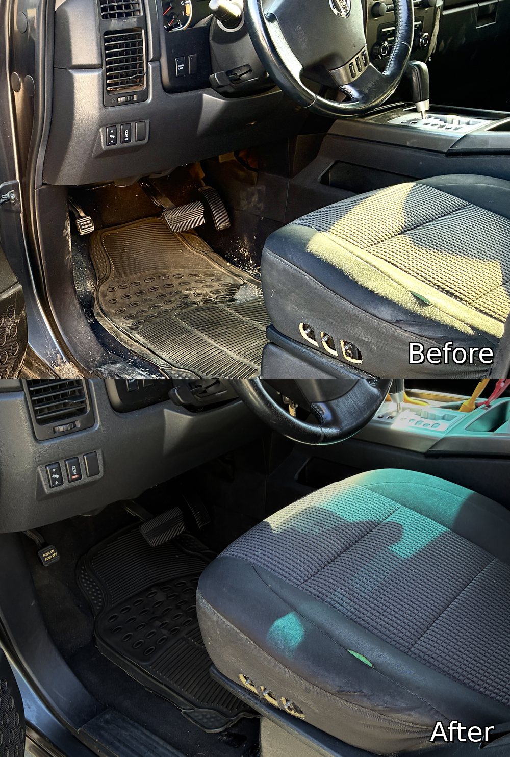 Before and after of the Titan's driver footwell and dash — debris cleared, panels and vents cleaned