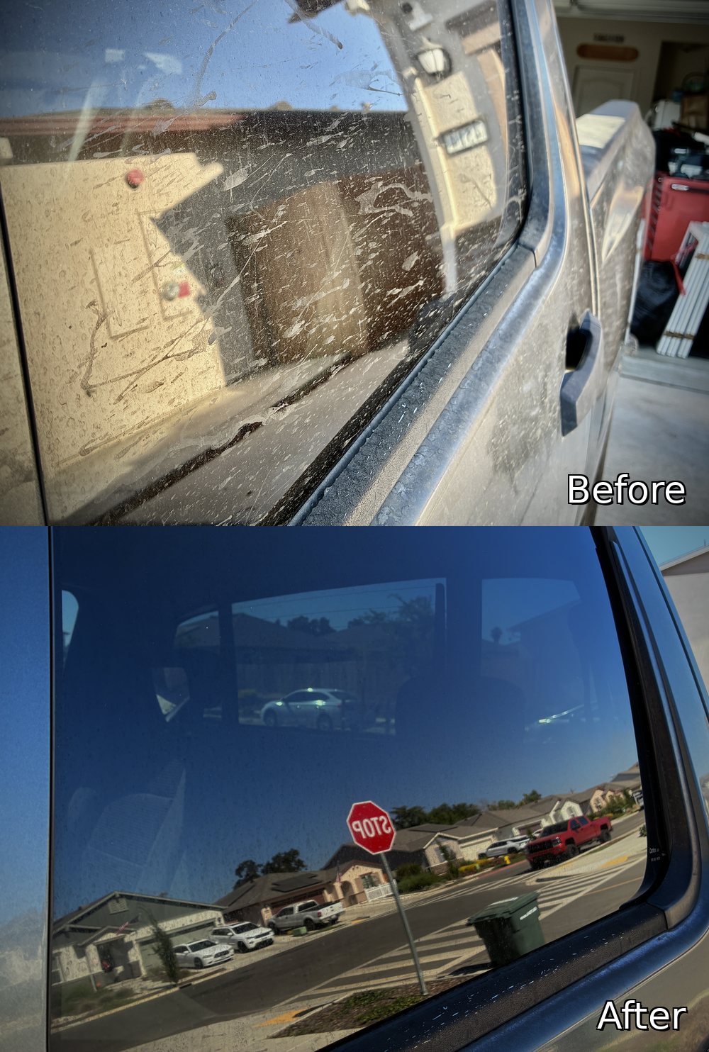 Before and after of the Titan's door glass — heavy water spotting and film cleared to streak-free