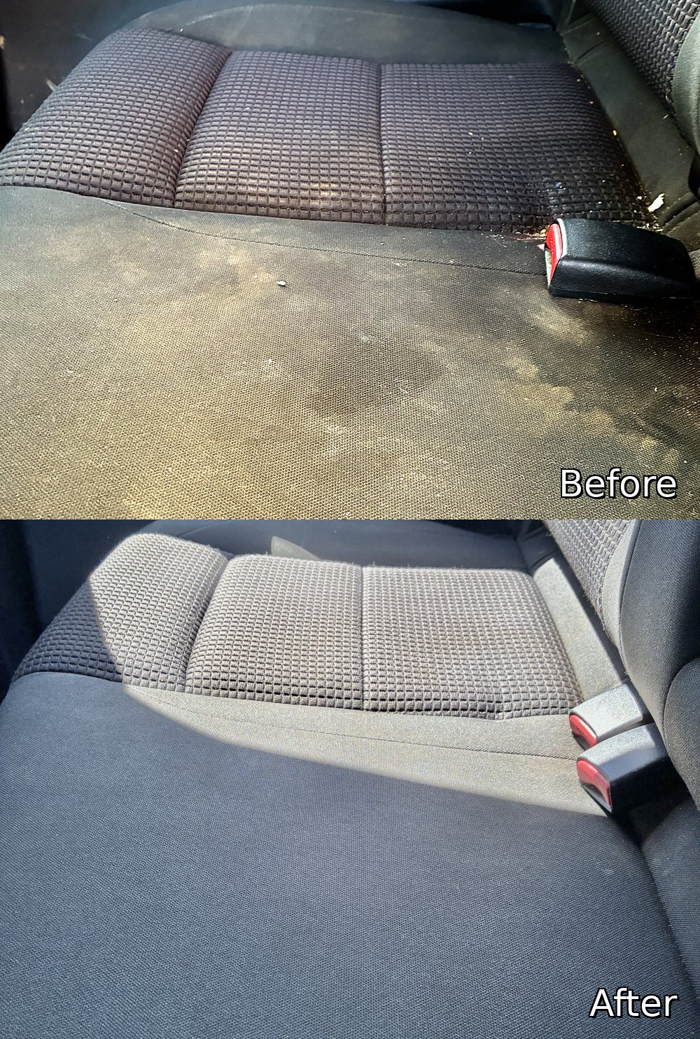 Before and after of the Titan's rear cloth seat — dust and debris lifted out of the fabric