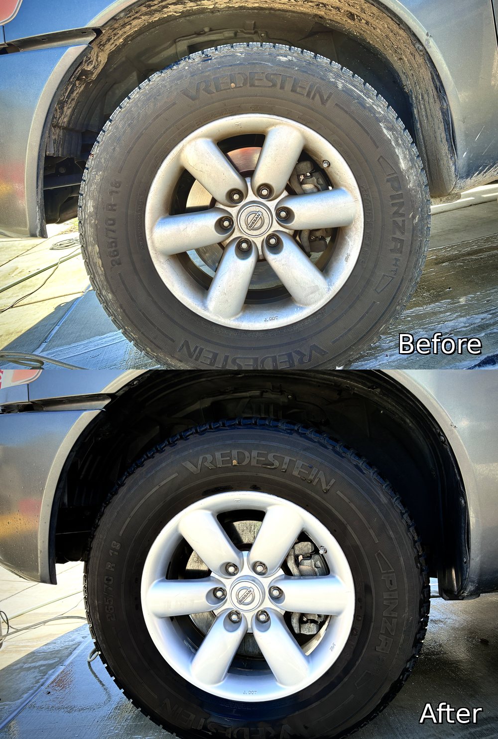 Before and after of the Titan's wheel and tire — road grime and brake dust cleaned off, tire dressed